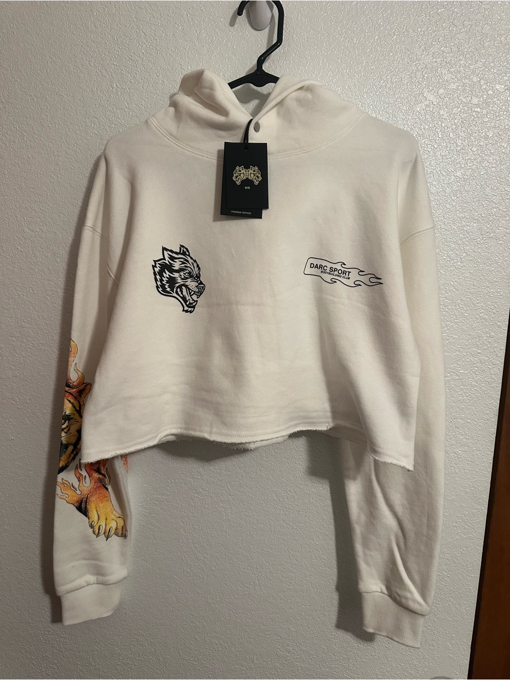 Darc Sport Cream Cropped Hoodie with Wolf Chest and Flame Sleeve